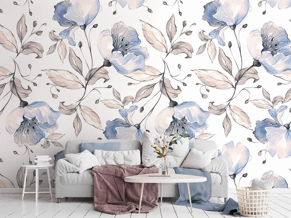 Fototapeta Niebieskie Kwiaty na Jasnym Tle we wnętrzu salonu