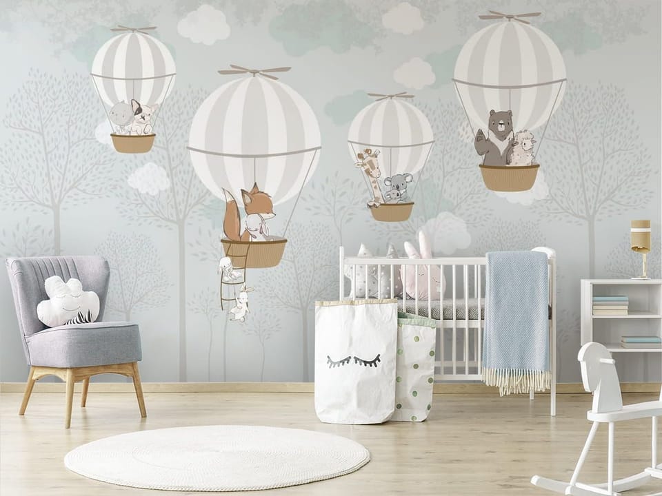 Fototapeta Zwierzęta w Balonach na Niebo we wnętrzu pokoju dziecka
