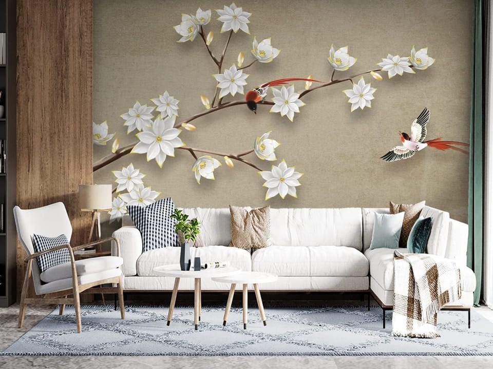 Fototapeta Gałąź z Białymi Kwiatami 3D we wnętrzu salonu