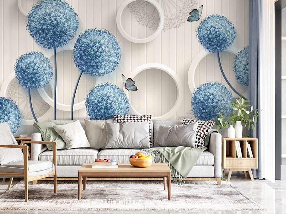 Fototapeta Niebieskie kuliste kwiaty z białymi okręgami we wnętrzu salonu