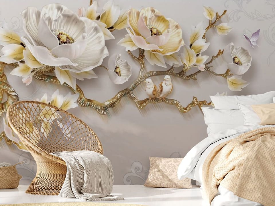 Fototapeta Kwiaty i ptaki na gałęzi we wnętrzu sypialni