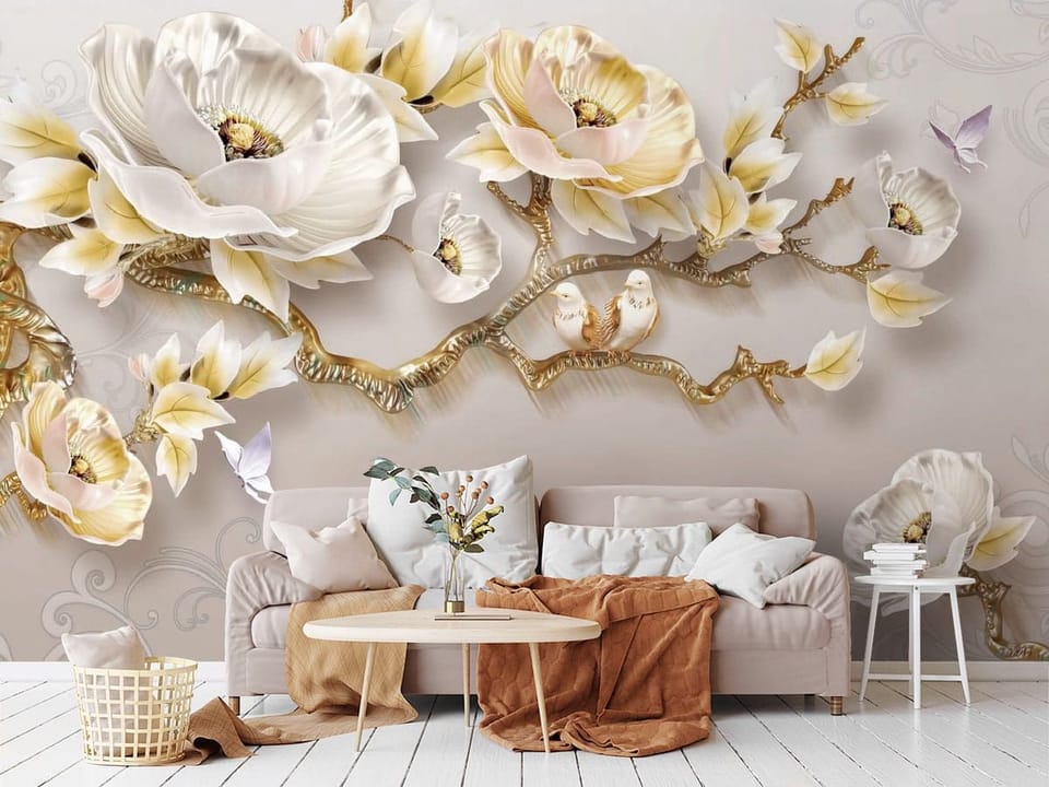 Fototapeta Kwiaty i ptaki na gałęzi we wnętrzu salonu