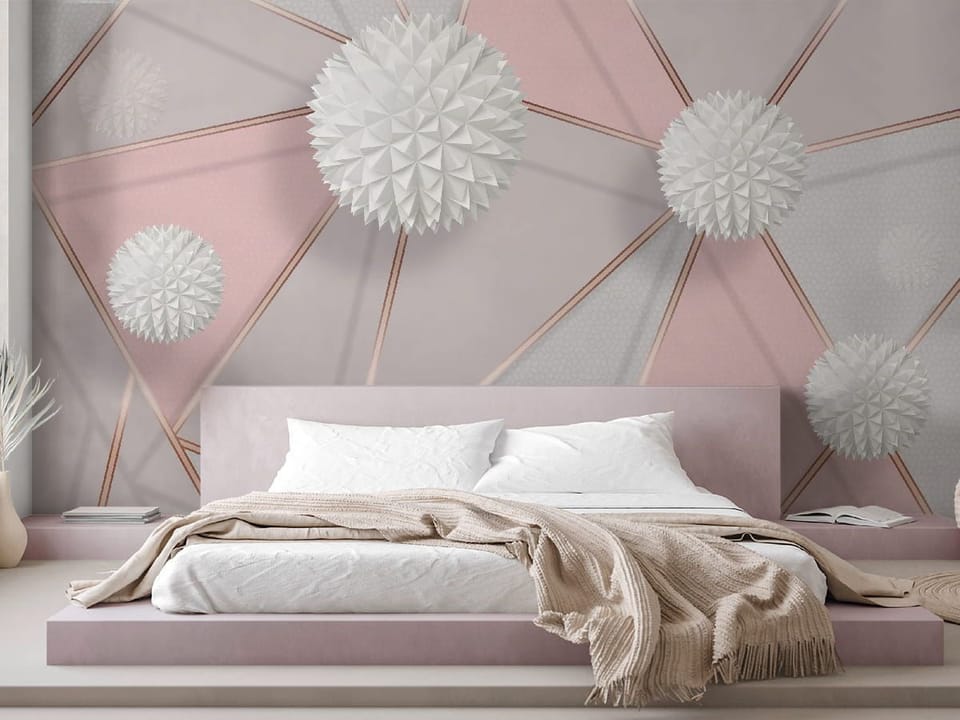 Fototapeta Białe kuliste struktury 3D we wnętrzu sypialni