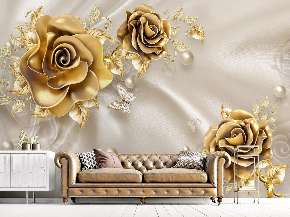 Fototapeta Złote róże na jedwabiu we wnętrzu salonu