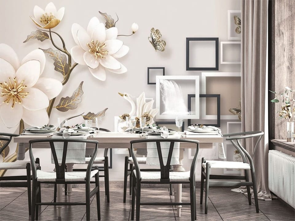 Fototapeta Białe kwiaty i wodospady w ramkach we wnętrzu kuchni