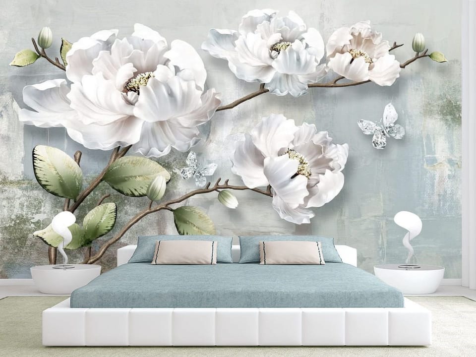 Fototapeta Egzotyczne kwiaty na gałęzi we wnętrzu sypialni