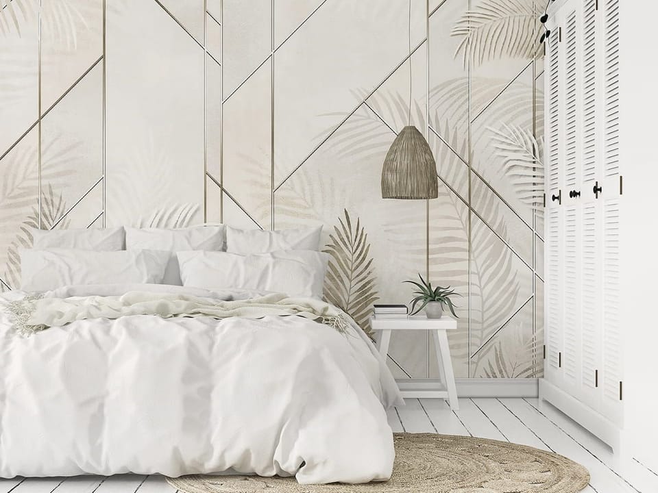 Fototapeta Liście palmowe na geometrycznym tle we wnętrzu sypialni