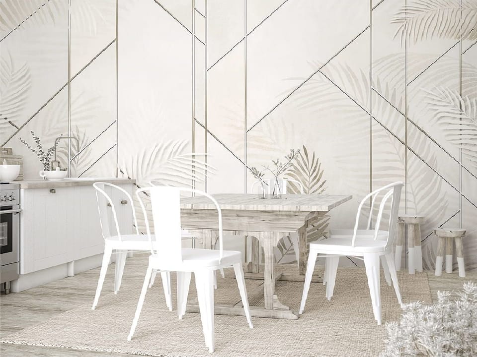 Fototapeta Liście palmowe na geometrycznym tle we wnętrzu kuchni