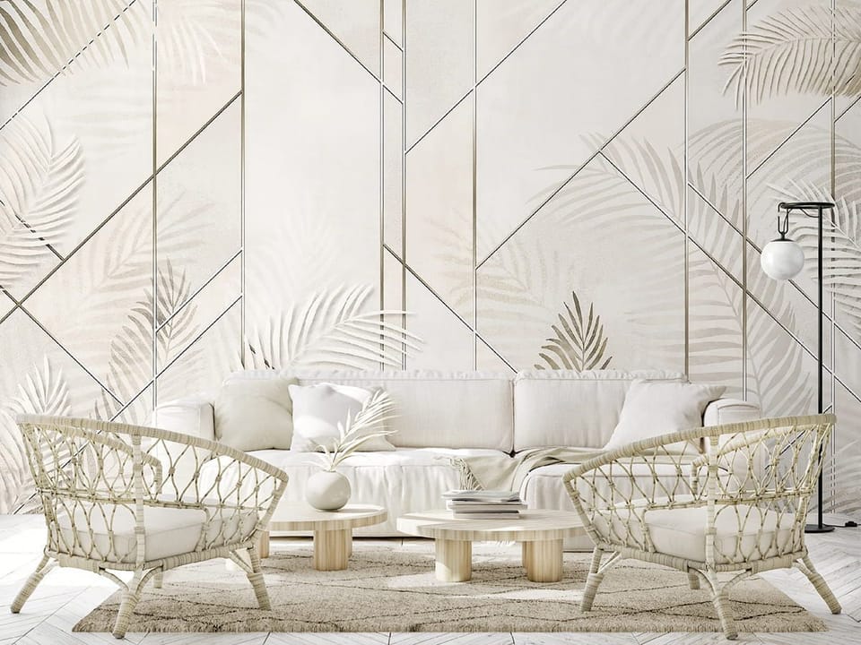 Fototapeta Liście palmowe na geometrycznym tle we wnętrzu salonu