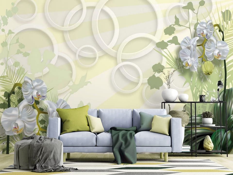 Fototapeta Orchidee na tle liści we wnętrzu salonu