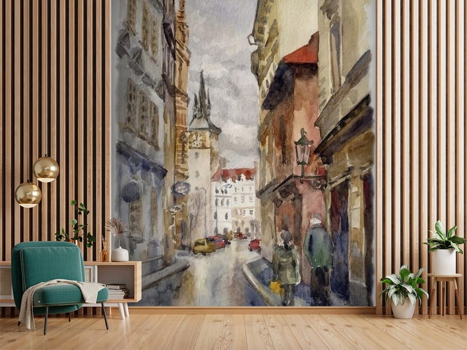 Fototapeta z ilustracją wąskiej ulicy z kamienicami i wieżą w tle - aranżacja w przedpokoju w połączeniu z lamelami ściennymi