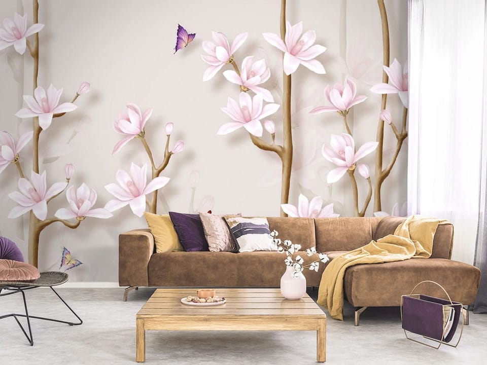 Fototapeta Kwiaty magnolii na gałęziach we wnętrzu salonu