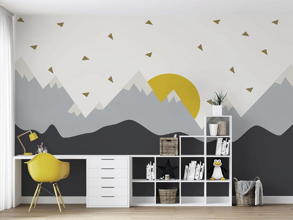 Fototapeta Góry z zachodzącym słońcem we wnętrzu pokoju nastolatka