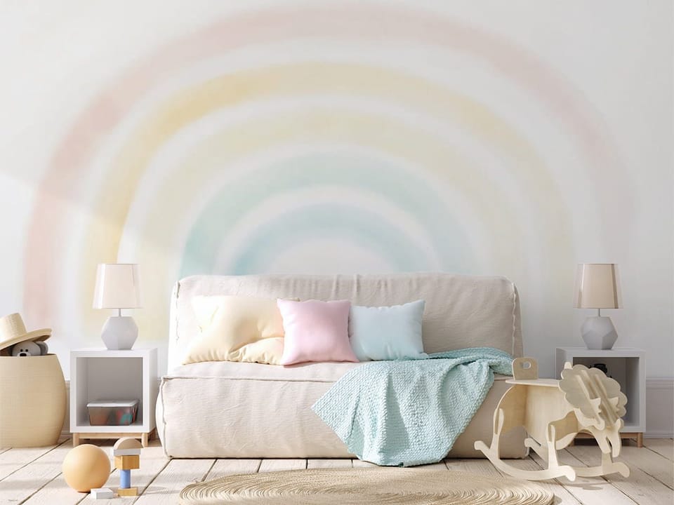 Fototapeta Delikatna tęcza na białym tle we wnętrzu pokoju dziecka