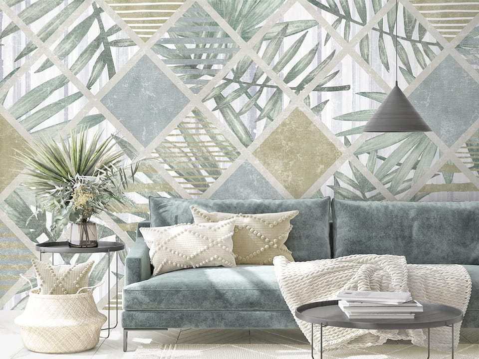 Fototapeta Geometryczny wzór z liśćmi palmowymi we wnętrzu salonu
