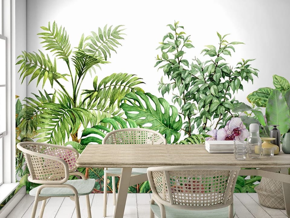 Fototapeta Tropikalne liście i storczyki we wnętrzu kuchni
