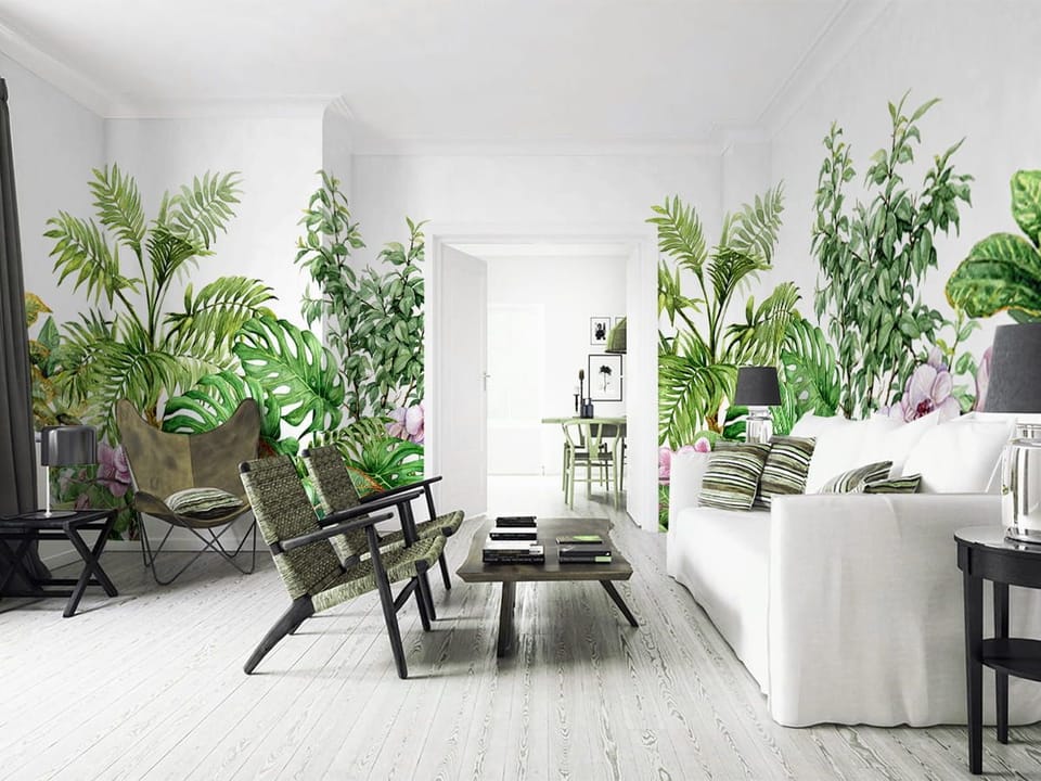 Fototapeta Tropikalne liście i storczyki we wnętrzu salonu