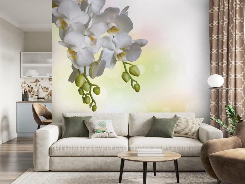 Fototapeta z białymi kwiatami orchidei na gałązce i zielonymi pąkami - ściana akcentowa w pięknym salonie