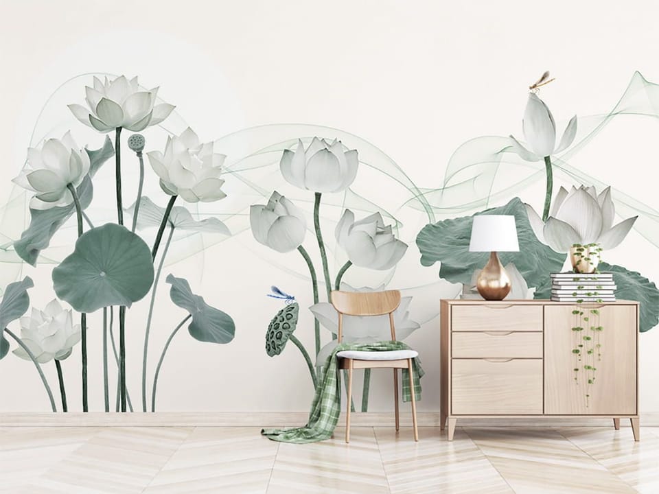 Fototapeta Białe kwiaty lotosu i zielone liście we wnętrzu przedpokoju