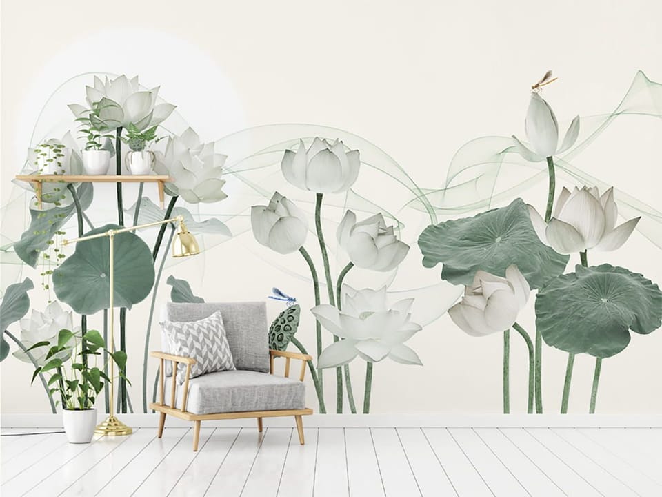 Fototapeta Białe kwiaty lotosu i zielone liście we wnętrzu salonu