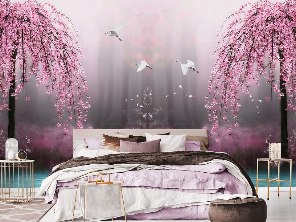 Fototapeta Różowe Drzewa nad Wodą we wnętrzu sypialni