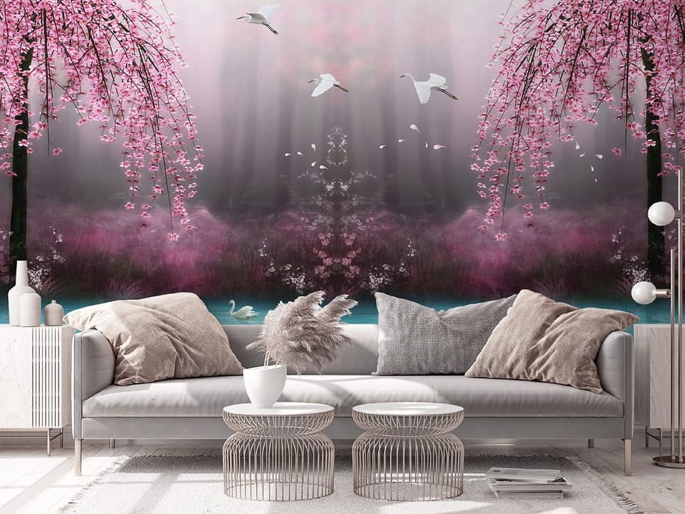 Fototapeta Różowe Drzewa nad Wodą we wnętrzu salonu