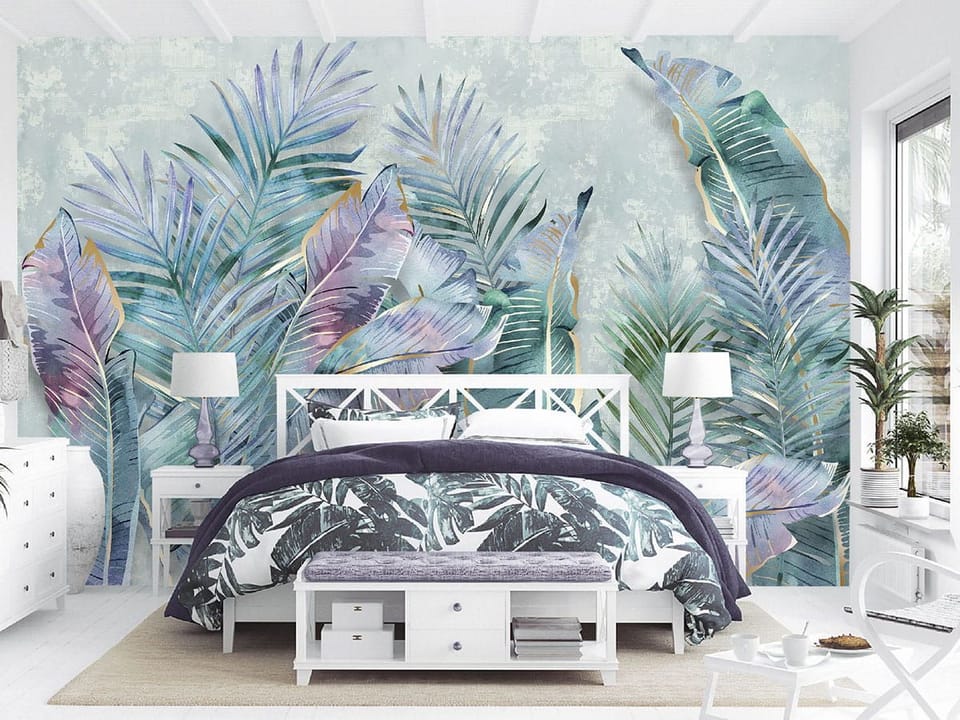 Fototapeta Kolorowe liście tropikalne we wnętrzu sypialni