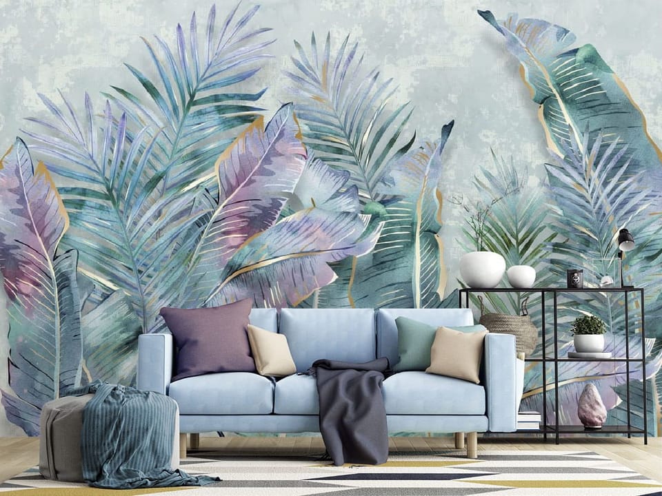Fototapeta Kolorowe liście tropikalne we wnętrzu salonu