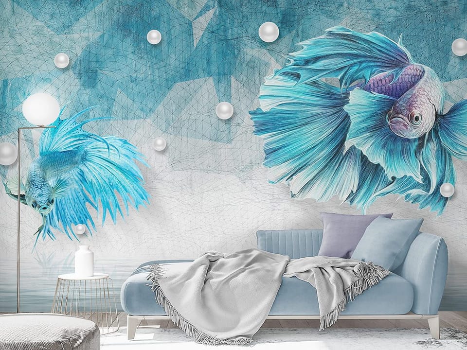 Fototapeta Niebieskie ryby z welonami we wnętrzu salonu