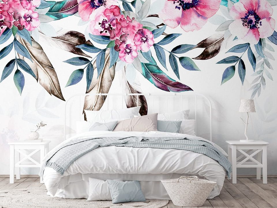 Fototapeta Egzotyczne Kwiaty w Akwareli we wnętrzu sypialni