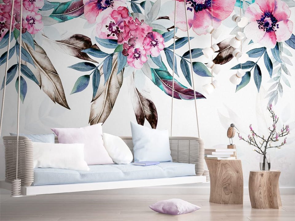 Fototapeta Egzotyczne Kwiaty w Akwareli we wnętrzu pokoju nastolatka