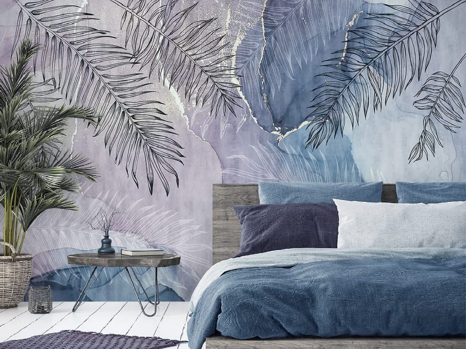 Fototapeta Liście palmowe na abstrakcyjnym tle we wnętrzu sypialni