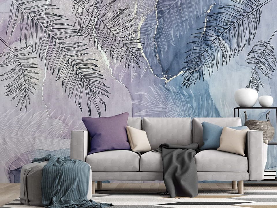 Fototapeta Liście palmowe na abstrakcyjnym tle we wnętrzu salonu