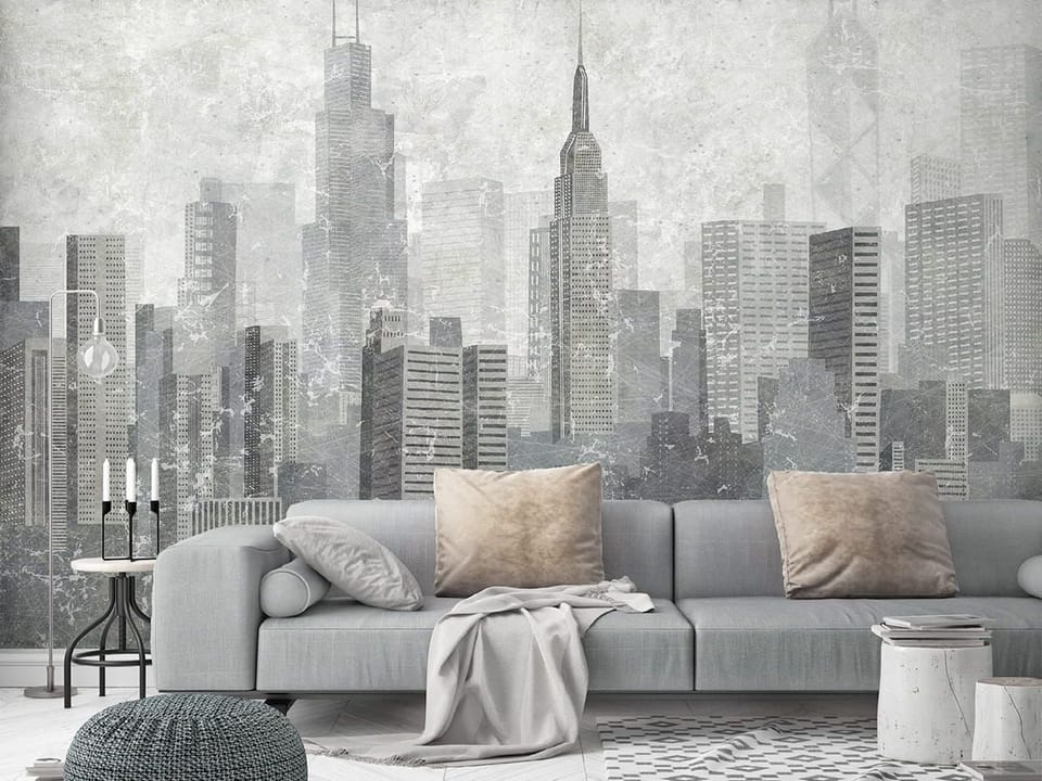 Fototapeta Panorama miasta z wieżowcami we wnętrzu salonu