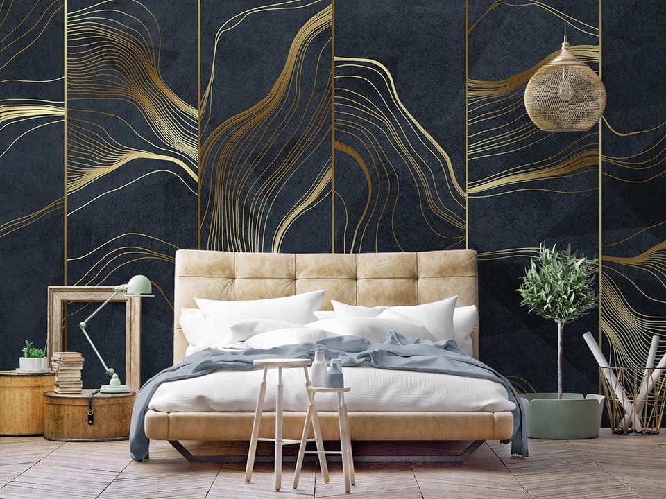 Fototapeta Złote Linie na Ciemnym Tle we wnętrzu sypialni