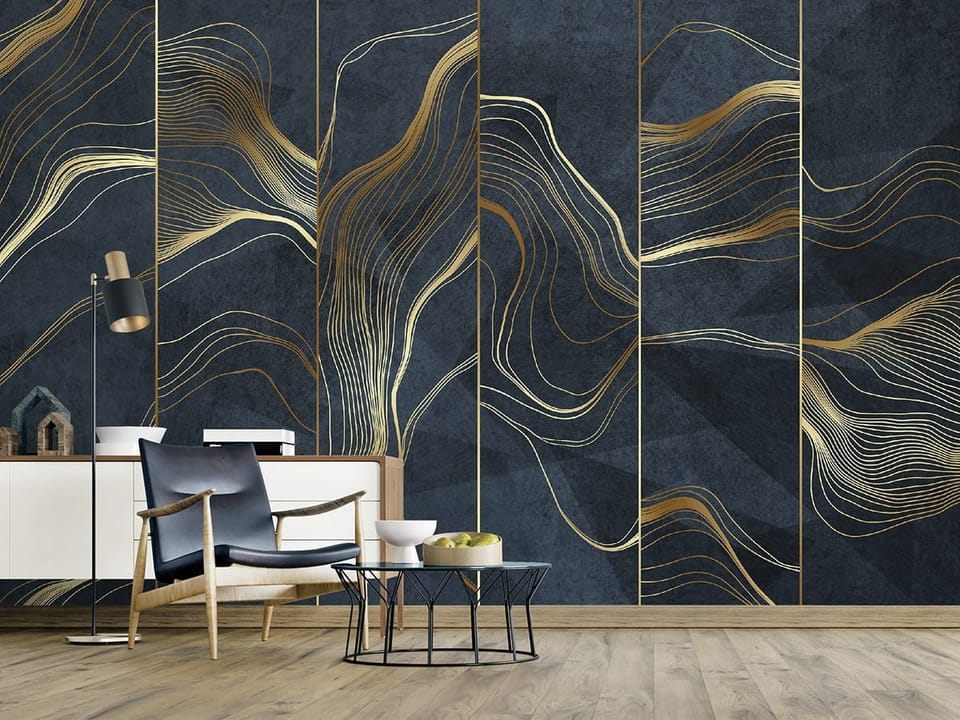 Fototapeta Złote Linie na Ciemnym Tle we wnętrzu salonu