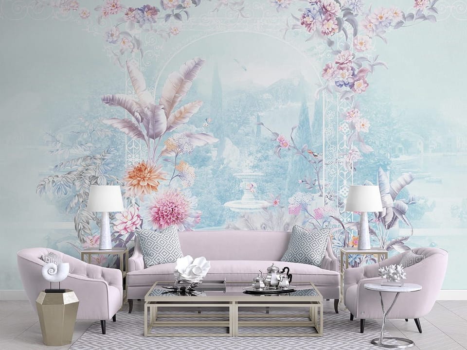 Fototapeta Kwiaty i paw w ogrodzie we wnętrzu salonu