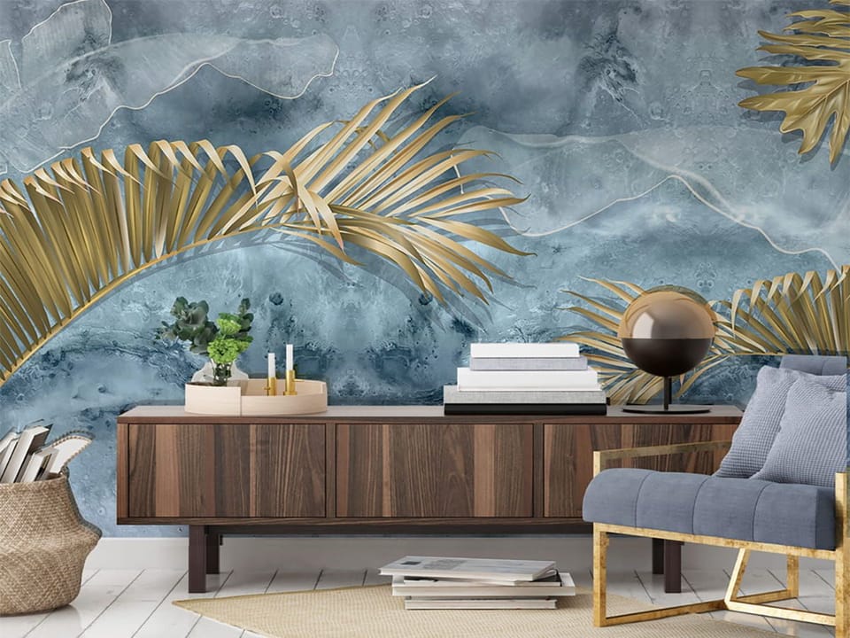 Fototapeta Złote Liście Palmowe na Abstrakcji we wnętrzu przedpokoju