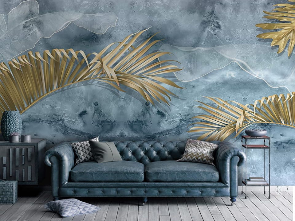 Fototapeta Złote Liście Palmowe na Abstrakcji we wnętrzu salonu
