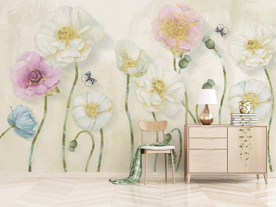 Fototapeta Kolorowe kwiaty na łodygach we wnętrzu przedpokoju