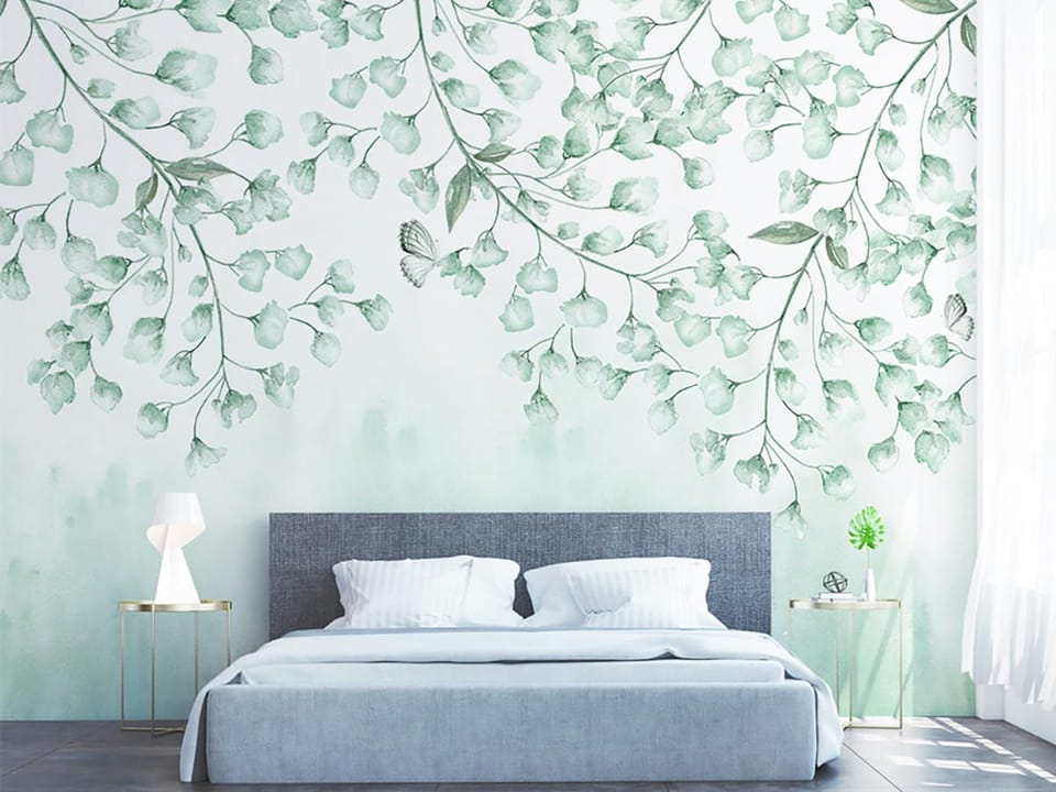 Fototapeta Gałęzie z Liśćmi i Kwiatami we wnętrzu sypialni