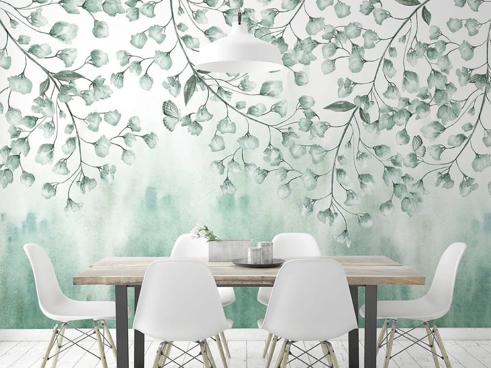 Fototapeta Gałęzie z Liśćmi i Kwiatami we wnętrzu kuchni