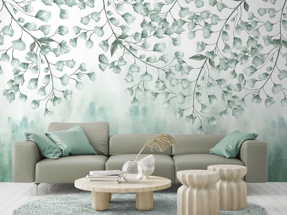 Fototapeta Gałęzie z Liśćmi i Kwiatami we wnętrzu salonu