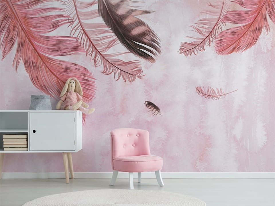 Fototapeta Delikatne pióra na pastelowym tle we wnętrzu pokoju dziecka