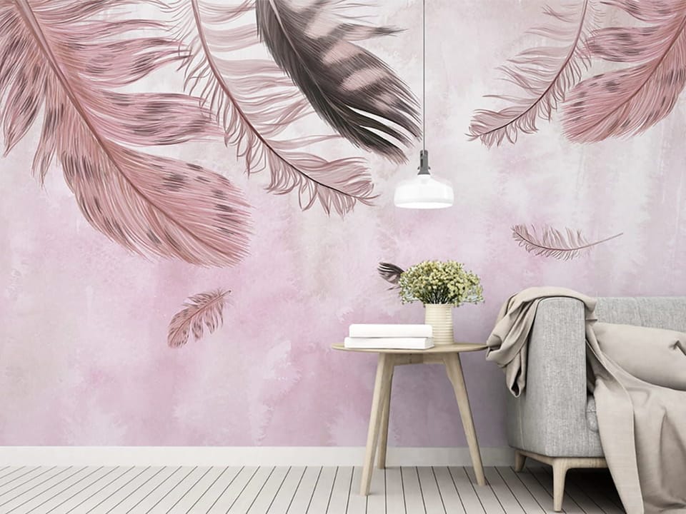 Fototapeta Delikatne pióra na pastelowym tle we wnętrzu salonu