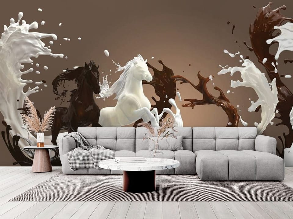 Fototapeta z końmi z mleka i czekolady na brązowym tle - elegancki salon w stylu minimalistycznym