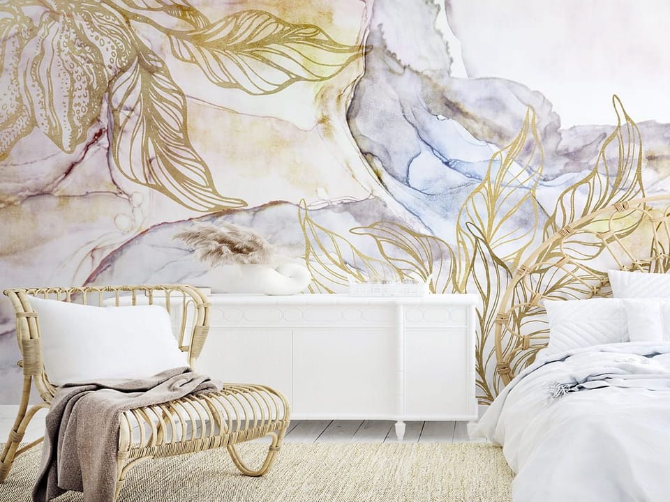 Fototapeta Abstrakcyjne Złote Liście na Tle we wnętrzu sypialni