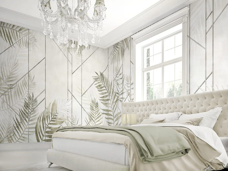 Fototapeta Liście paproci na geometrycznym tle we wnętrzu sypialni