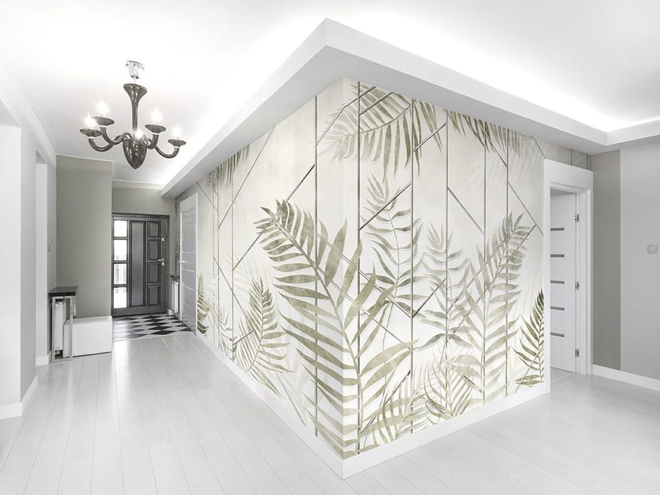 Fototapeta Liście paproci na geometrycznym tle we wnętrzu przedpokoju