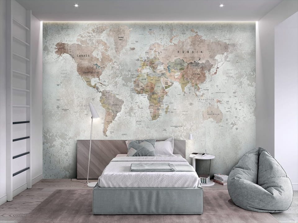 Fototapeta Mapa świata na starym tle we wnętrzu pokoju nastolatka